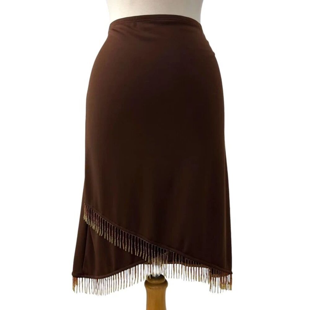 VTG Y2K XOXO Chocolate Brown Asymmetrical Beaded Fringe Midi Skirt Size Small
